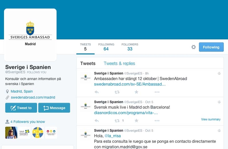 På @SverigeiES ger ambassaden bland annat evenemangstips.