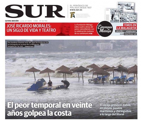 Dagens omslag av tidningen Diario Sur visar konsekvenser av stormen.