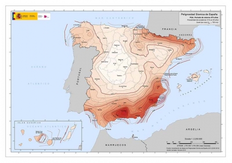 Kartan visar att jordbävningsrisken är som störst i sydöstra Spanien.