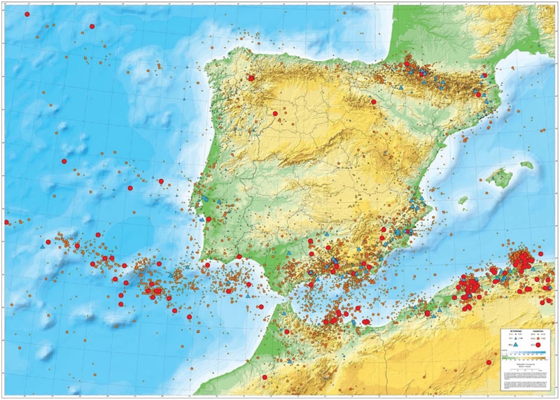 Kartan visar var det registrerats skalv med en styrka på mer än 3,0 på Richterskalan (gul cirkel), mer än 4,0 (orange cirkel) och mer än 5,0 (röd cirkel). Just norr om Alhucemas vid Mar de Alborán, finns en stor koncentration av kraftiga jordskalv.Foto: Foto: Instituto Geográfico Nacional