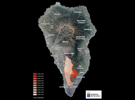 Den brända ytan på nära 5 000 hektar motsvarar 6,8 procent av den totala ytan på La Palma. Foto: Gobierno de Canarias