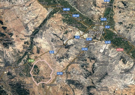 Byn Alfamén ligger knappt fem mil sydväst om Zaragoza. Foto: Google Maps