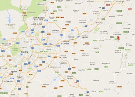 Pioz ligger öster om Madrid, i provinsen Guadalajara. Foto: Google Maps