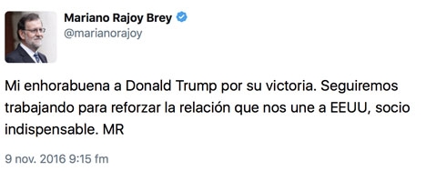 Mariano Rajoy gratulerar Donald Trump till segern via Twitter.