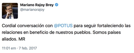 När cupmatchen väl var över publicerade Rajoy denna tweet, där han betonar att Spanien och USA är allierade.