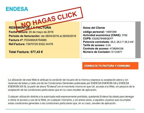 Den falska elräkningen har för avsikt att skrämma mottagaren att klicka på en länk som leder till en falsk hemsida där man lämnar ut hemliga uppgifter. Bild: Guardia Civil