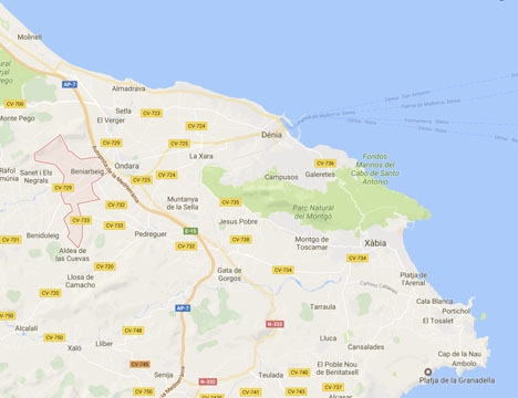 Attacken skedde vid Beniarbeig, i norra Alicante. Foto: Google Maps