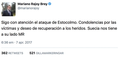 Den spanske regeringschefen Mariano Rajoy framförde sin solidaritet med Sverige, efter attentatet i Stockholm 7 april.