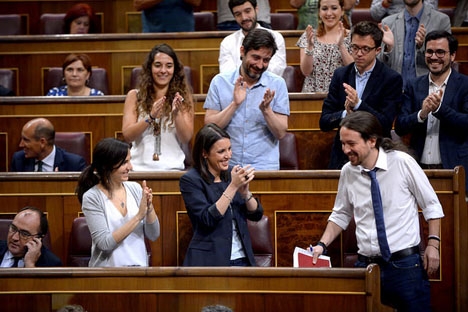 Motkandidaten Pablo Iglesias (Podemos) fick endast 82 röster medan 170 röstade emot misstroendeförklaringen. Foto: Podemos