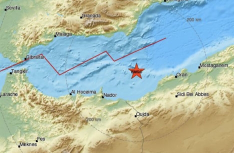 Skalvet inträffade i Medelhavet mellan Spanien och Algeriet. Karta: EMSC
