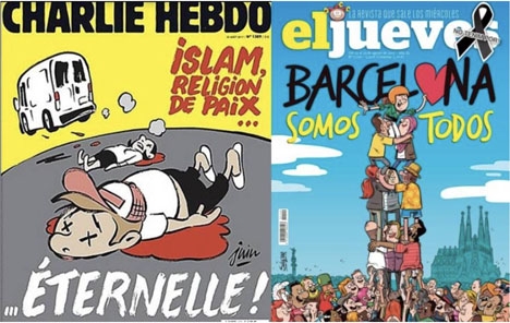 Både Charlie Hebdó och El Jueves ägnar sina senaste omslag åt attentaten i Katalonien, men deras budskap skiljer sig radikalt.
