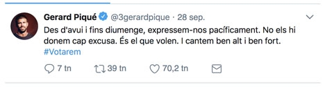 En tweet av Piqué har föranlett många fotbollssupportrar att kräva att han utesluts ur spanska landslaget.