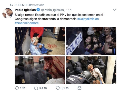 Podemos ledare Pablo Iglesias delar bilder på blödande demonstranter och kritiserar i hårda ordalag polisens agerande.