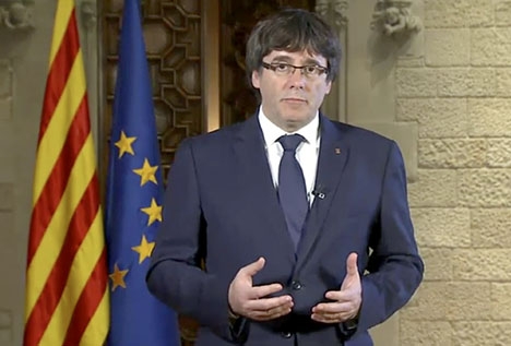Den katalanske generalpresidenten Carles Puigdemont i sitt tv-tal 21 oktober. Bild: Generalitat de Catalunya