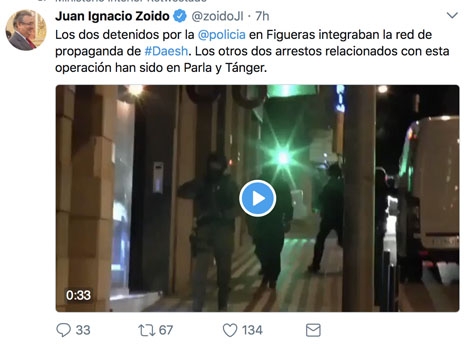 Inrikesministern Juan Ignacio Zoido bekräftar gripandena på Twitter.