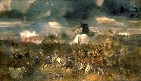 Målning av Clément-Auguste Andrieux som skildrar slaget vid Waterloo 1815, där Napoleon led sitt historiska nederlag. 