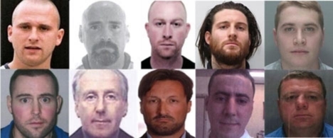 De i dagsläget tio mest efterlysta brittiska brottslingarna. Foton: Crimestoppers