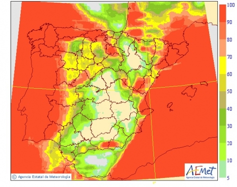 Väderlekstjänsten befarar att det kan vara den hårdaste stormen som drabbat Spanien på tio år. Karta: Aemet