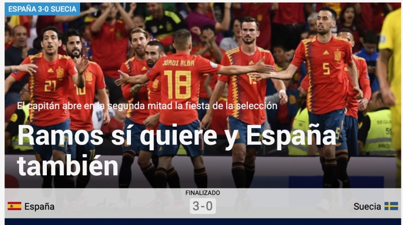 Spanska sporttidningen Marca framhäver på sin hemsida den spanska lagkaptenen Sergio Ramos roll i segern över Sverige i EM-kvalet.