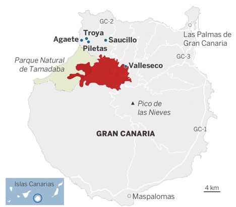 Branden omfattar en stor del av bergsområdena på nordvästra Gran Canaria. Karta: Educación Forestal (Copenicus Academy)