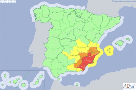 Till och med fredag kväll råder extrem fara för översvämningar främst i Murcia- och Alicanteprovinsen. Foto: Aemet