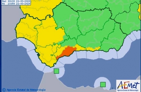 Risken för omfattande regnskurar gäller större delen av västra Málagaprovinsen. Bild: Aemet
