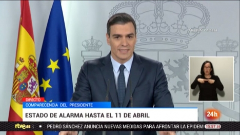 För andra gången på mindre än ett dygn talade Pedro Sánchez till det spanska folket, för att annonsera en skärpning av larmsituationen. Foto: RTVE