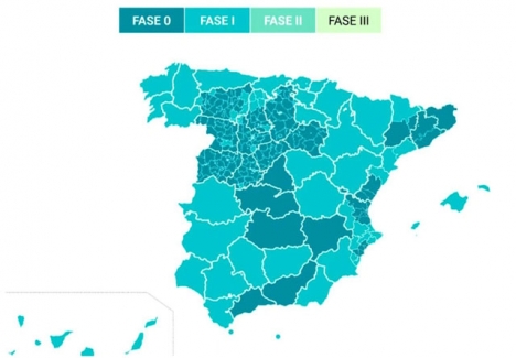 De mörka områdena på kartan blir kvar i fas 0, inkluderat hela Málagaprovinsen.