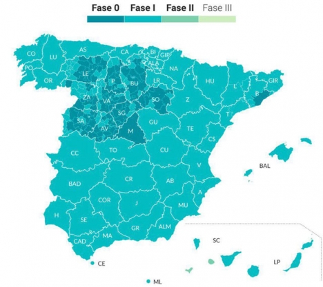 Från och med 18 maj kommer 70 procent av Spaniens befolkning att befinna sig i Fas 1, medan fyra öar går in i Fas 2.