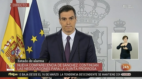 Pedro Sánchez kommer att ansöka om en ny förlängning av larmsituationen med en månad, som förhoppningsvis blir den sista. Foto: RTVE