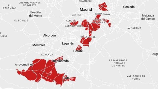 Det är främst de fattigare södra förorterna till Madrid som har högst smittfrekvens och där det nu införs strängare restriktioner. Karta: Comunidad de Madrid