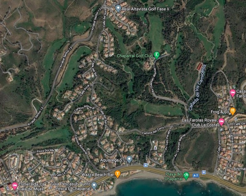 Rånförsöket inträffade i området El Chaparral, Mijas Costa. Foto: Google Maps