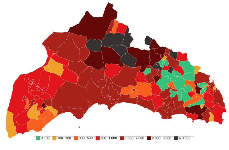Smittfrekvensen i Alicanteprovinsen skilser sig stort, mellan kommuner som ligger under 100 fall per 100.000 invånare till flera som överstiger 3.000.