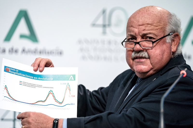 Det andalusiska hälsovårdsrådet Jesús Aguirre presenterade 16 februari regionens plan för massvaccinering. Foto: Junta de Andalucía