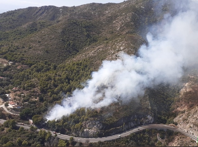 Branden uppstod intill landsvägen orsakad av en förolyckad bil. Foto: Infoca