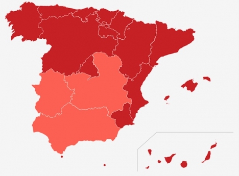 Samtliga regioner i Spanien utom Castilla-La Mancha, Extremadura och Andalusien befinner sig nu i extrem smittrisk. Karta: RTVE