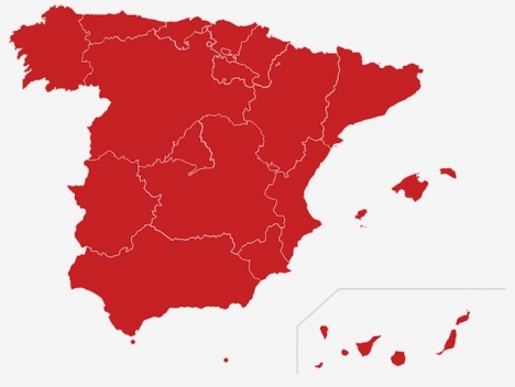 Även om den officiella smittfrekvensen sjunkit något registreras inte alla fall och hela Spanien befinner sig fortsatt i extrem smittrisk. Karta: RTVE