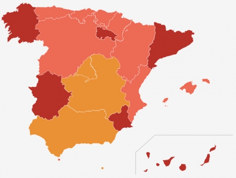 Smittfrekvensen i Spanien hade gått ned kontinuerligt sedan 21 januari. Nu har kurvan tillfälligt planat ut, när flera regioner fortfarande befinner sig i extrem smittrisk. Karta: RTVE