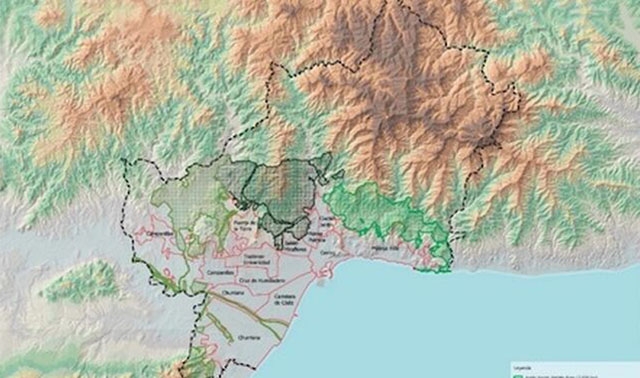 Skiss av den planerade gröna ringen kring Málaga stad.