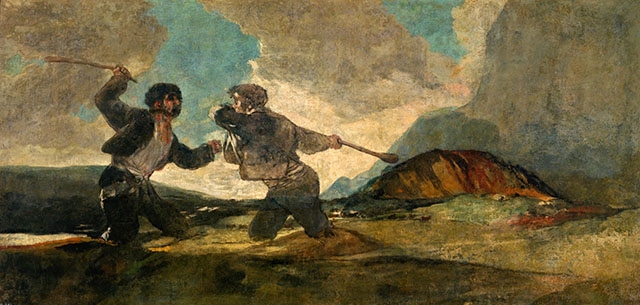 Francisco de Goya förlorade tilltron till människan, vilket speglas i tavlor som ”Duelo a garrotazos”, som tillhör konstnärens så kallade ”svarta målningar”. De finns att beskåda i Pradomuseet i Madrid.
