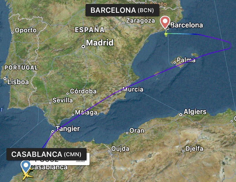 Flygplanet från Pegasus vände om och nödlandade på El Prat i Barcelona. Karta: AeroBarcelona News.