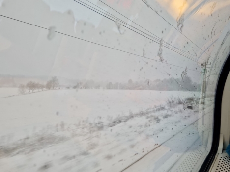 Tankar om längtan och det som väntar, på ett svenskt tåg under julens enda snöstorm.