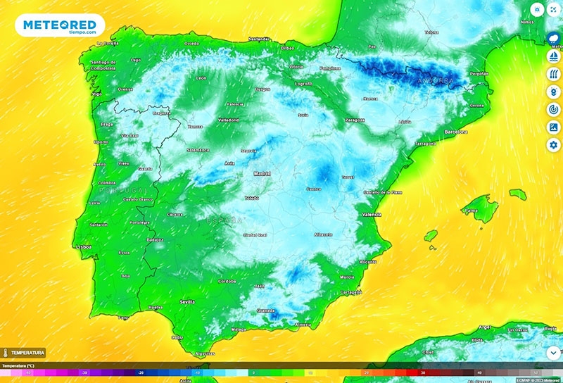 Hela denna vecka registreras temperaturer såväl på spanska fastlandet som på Balearerna som kan visa sig bli de lägsta på hela vintern. Karta: Meteored