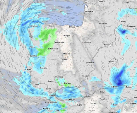 Det väntas ostadigt väder och kraftigt fallande temperaturer från och med onsdag. Karta: Meteored