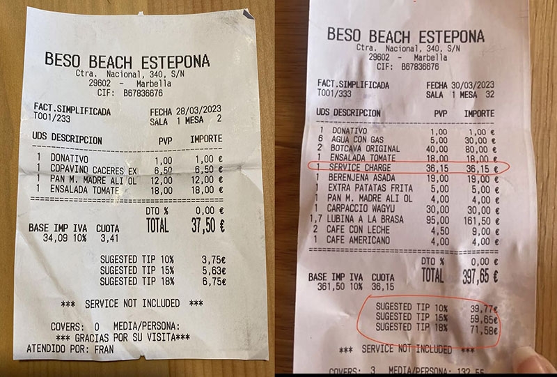 Flera personer har delat sina räkningar från nya strandrestaurangen Beso Beach, för att varna andra. Källa: Facebook/Svenskar/Swedes in Estepona
