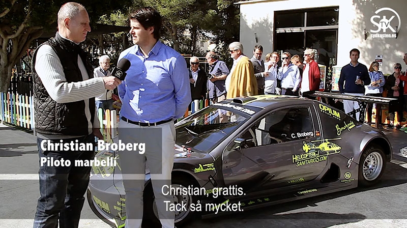 En intervju i SK-tv har delats av spanska medier för att påvisa hur flera företag som gynnats av Marbella kommun sponsrar den rallybil som körs av borgmästarens son Christian Broberg.