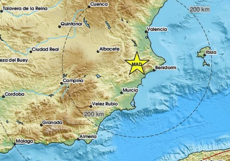 Skalvet 30 juli hade sitt epicenter i inlandet i norra Alicanteprovinsen. Karta: EMSC