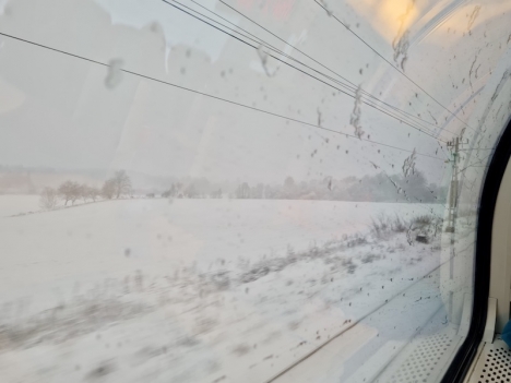 Tankar om längtan och det som väntar, på ett svenskt tåg under julens enda snöstorm.  