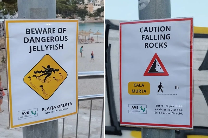Aktionen med de falska skyltarna tillgriper humor för att förespråka en mer hållbar turismmodell. Foto: Caterva Manacor