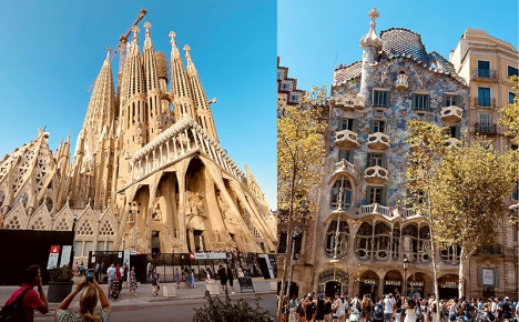 Två av Gaudís mästerverk i Barcelona, La Sagrada Familia till vänster och Casa Battló till höger. Foton: Hanna Sundblad